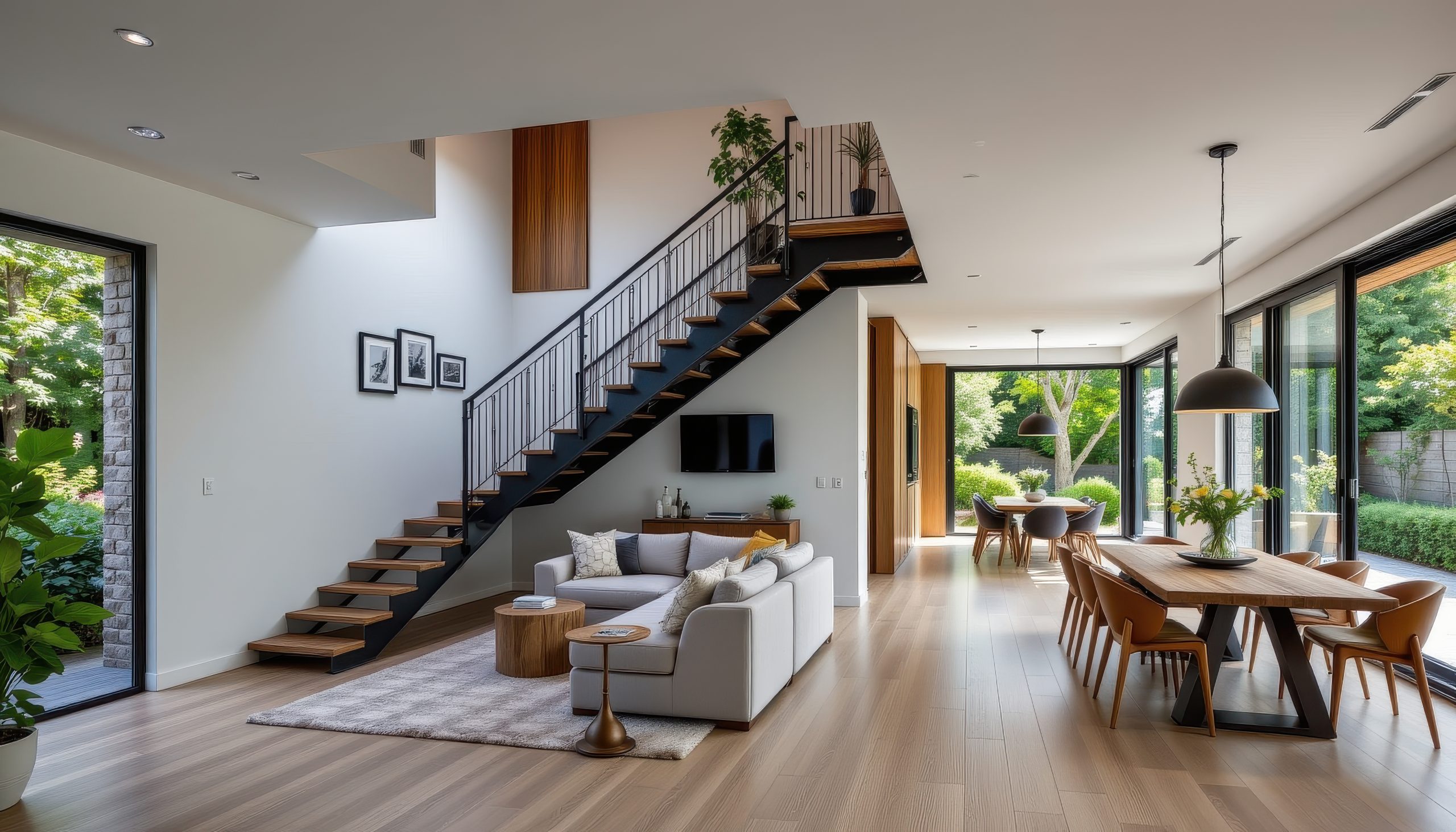 A modern living room with a corner sectional sofa, steel floating staircase, wooden dining set, and wide open windows revealing greenery outside.